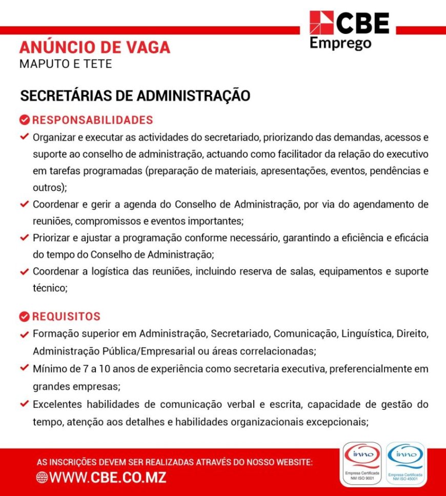 (02) VAGAS – SECRETÁRIA DE ADMINISTRAÇÃO – MAPUTO E TETE