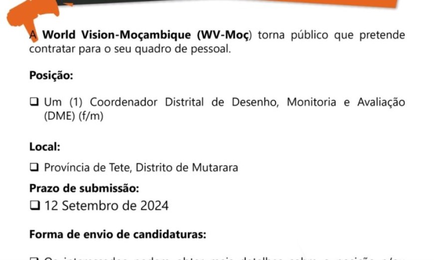 Vaga – Um (1) Coordenador Distrital de Desenho, Monitoria e Avaliação (DME) (f/m)